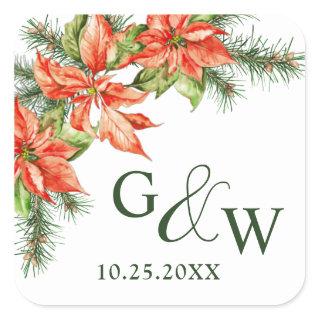 Elegant Watercolor Red Poinsettia Wreath Wedding Square Sticker