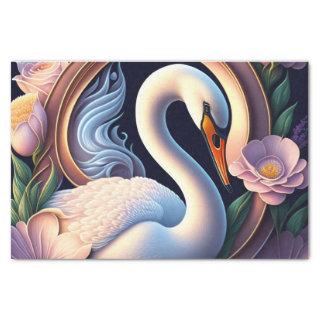Elegant Watercolor Swan in Oriental Flower  Tissue Paper