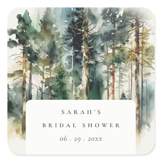 Elegant Watercolor Woodland Forest Bridal Shower Square Sticker