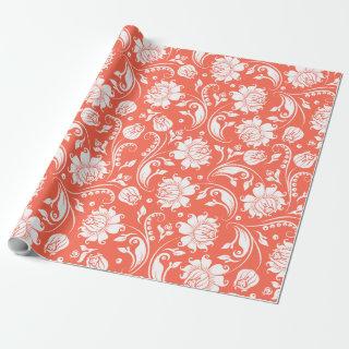 Elegant white and coral red floral damask pattern