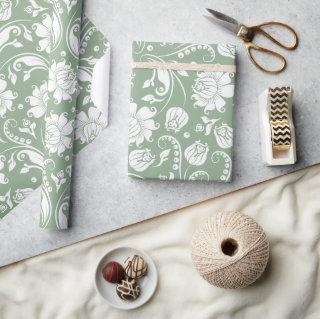 Elegant white and sage green floral damask pattern