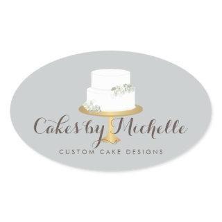 Elegant White Cake with Florals Cake Decorating Oval Sticker