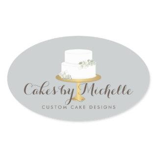 Elegant White Cake with Florals Cake Decorating Oval Sticker