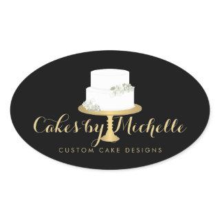 Elegant White Cake with Florals II Cake Decorating Oval Sticker