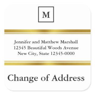 Elegant White Faux Gold Monogram Change of Address Square Sticker