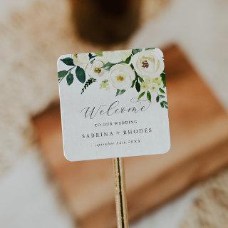 Elegant White Floral Wedding Welcome Square Sticker