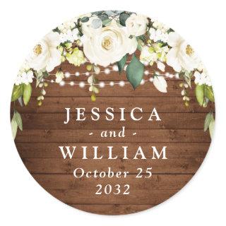 Elegant White Roses Lace Rustic Wood Wedding Classic Round Sticker