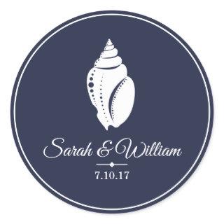 Elegant White Seashell & Navy Blue | Personalized Classic Round Sticker