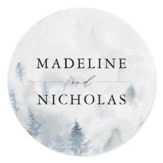 Elegant Winter Forest Personalized Wedding Classic Round Sticker