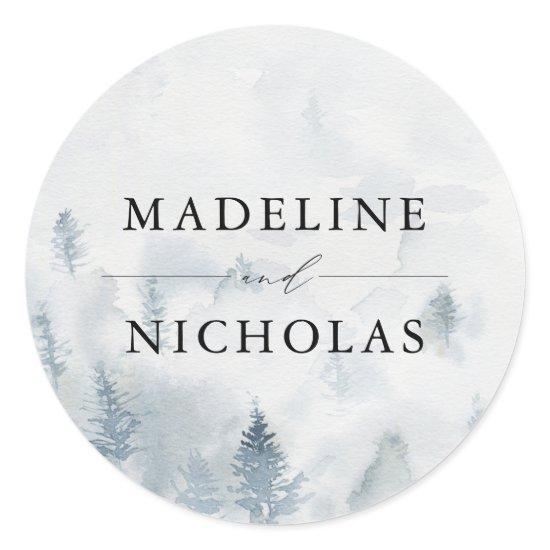 Elegant Winter Forest Personalized Wedding Classic Round Sticker