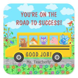 Elementary School Cute Bus Road to Success Class Square Sticker