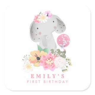 Elephant 1st Birthday Name Safari Pink Girl Square Sticker