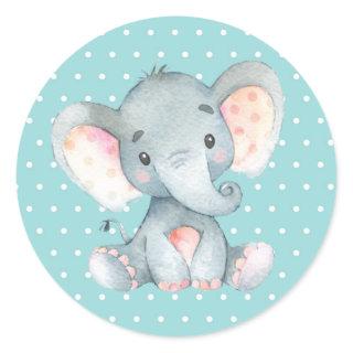 Elephant Baby Shower Aqua Classic Round Sticker