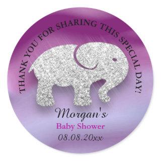 Elephant Baby Shower Favor Thank Purple Gray Berry Classic Round Sticker