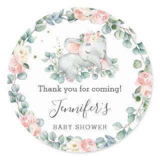 Elephant Baby Shower Floral Greenery Thank You Classic Round Sticker