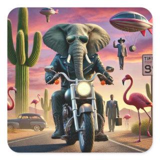 Elephant Biker Surreal Desert Ride Square Sticker