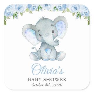 Elephant, Blue Watercolor Flowers, Baby Shower Square Sticker