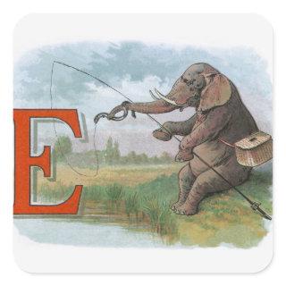 Elephant fisherman fishing Illustration Square Sticker