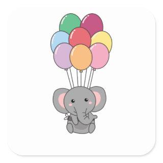 Elephant Flies Up With Colorful Balloons Square Sticker