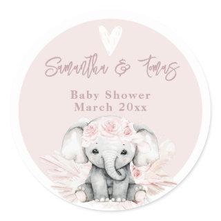 Elephant it's a girl Boho Floral Pink Baby Shower Classic Round Sticker