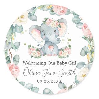 Elephant New Baby Pink Ivory Floral Greenery Favor Classic Round Sticker