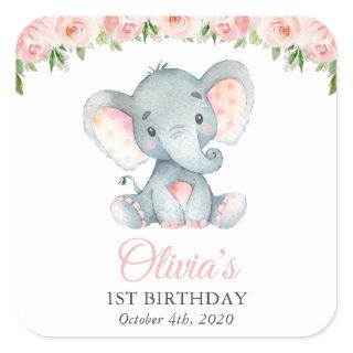 Elephant, Pink Watercolor Flowers, First Birthday  Square Sticker