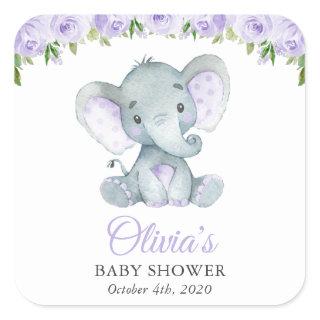 Elephant, Purple Watercolor Flowers, Baby Shower Square Sticker