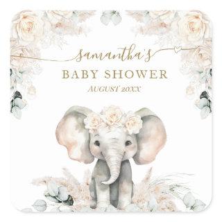 Elephant White Roses Boho Pampas Baby Girl Shower Square Sticker