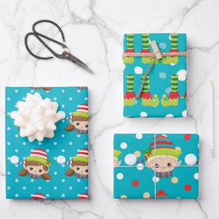 Elf boy girl faces feet on blue with snow pattern  sheets