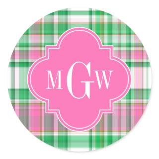 Emerald Green Hot Pink Wht Preppy Madras Monogram Classic Round Sticker