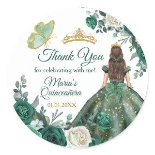 Emerald Green Quinceañera Gold Crown  Classic Round Sticker