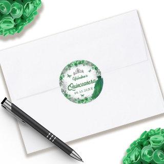 Emerald Green Silver Glitter Floral Quinceanera Classic Round Sticker