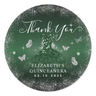 Emerald Green Silver Gown Quinceañera Thank You Classic Round Sticker