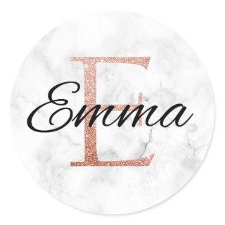 Emma Rose Gold Glamour Marble Monogram E Inital Classic Round Sticker