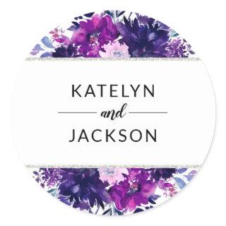 Enchanted Floral Violet Silver Wedding Monogram Classic Round Sticker