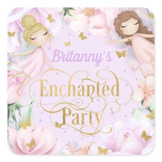 Enchanted garden fairy themed birthday square stic square sticker