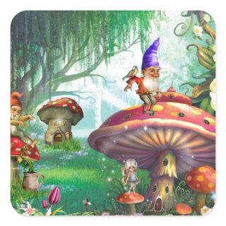 Enchanted Gnome Mushrooms Flower Gardens Square Sticker