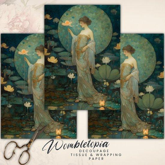 Enchanted Lady in a Magical Lotus Garden Decoupage  Sheets
