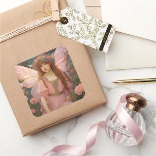 Enchanting Dreams: A Whimsical Pink Fairy Portrait Square Sticker