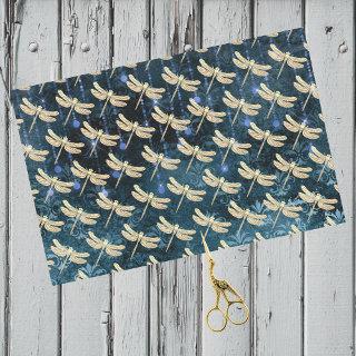 Enchanting Gold Dragonflies on Teal Blue Damask Tissue Paper