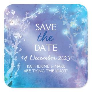 Ethereal Blue Forest Wedding Save the Date Square Sticker