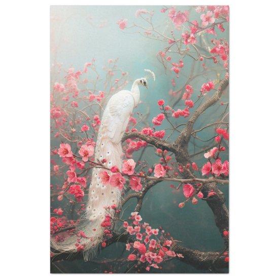 Ethereal White Peacock, Cherry Blossom Tree Tissue Paper