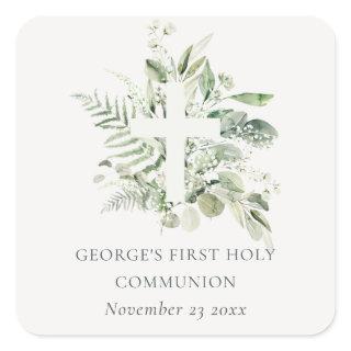 Eucalyptus Fern Foliage Cross First Holy Communion Square Sticker