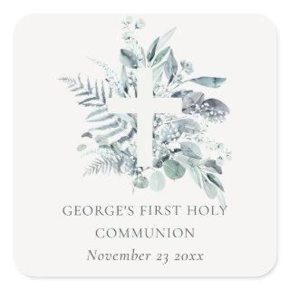 Eucalyptus Fern Foliage Cross First Holy Communion Square Sticker