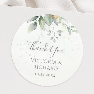 Eucalyptus Greenery Gold Leaves Wedding Thank You Classic Round Sticker