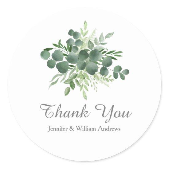 Eucalyptus Leaf Nature Greenery Script Thank You Classic Round Sticker