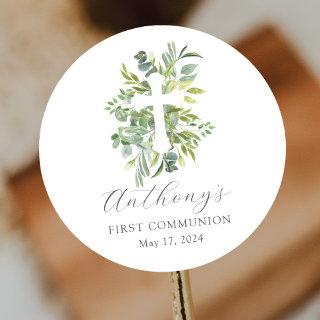 Eucalyptus Serenity First Communion Classic Round Sticker