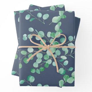 Eucalyptus Watercolor Branches On Navy Blue  Sheets