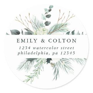 Evergreen & Cotton Flowers Elegant Return Address Classic Round Sticker