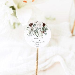 Evergreen elegant winter wedding  classic round sticker